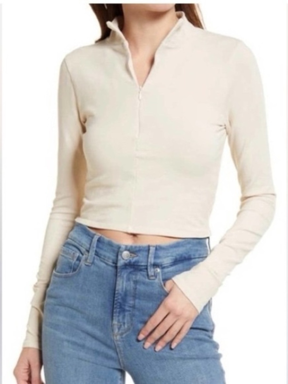 Good American Zip Mock Neck Cropped Long Sleeve Top in Bone Womens Size: 2